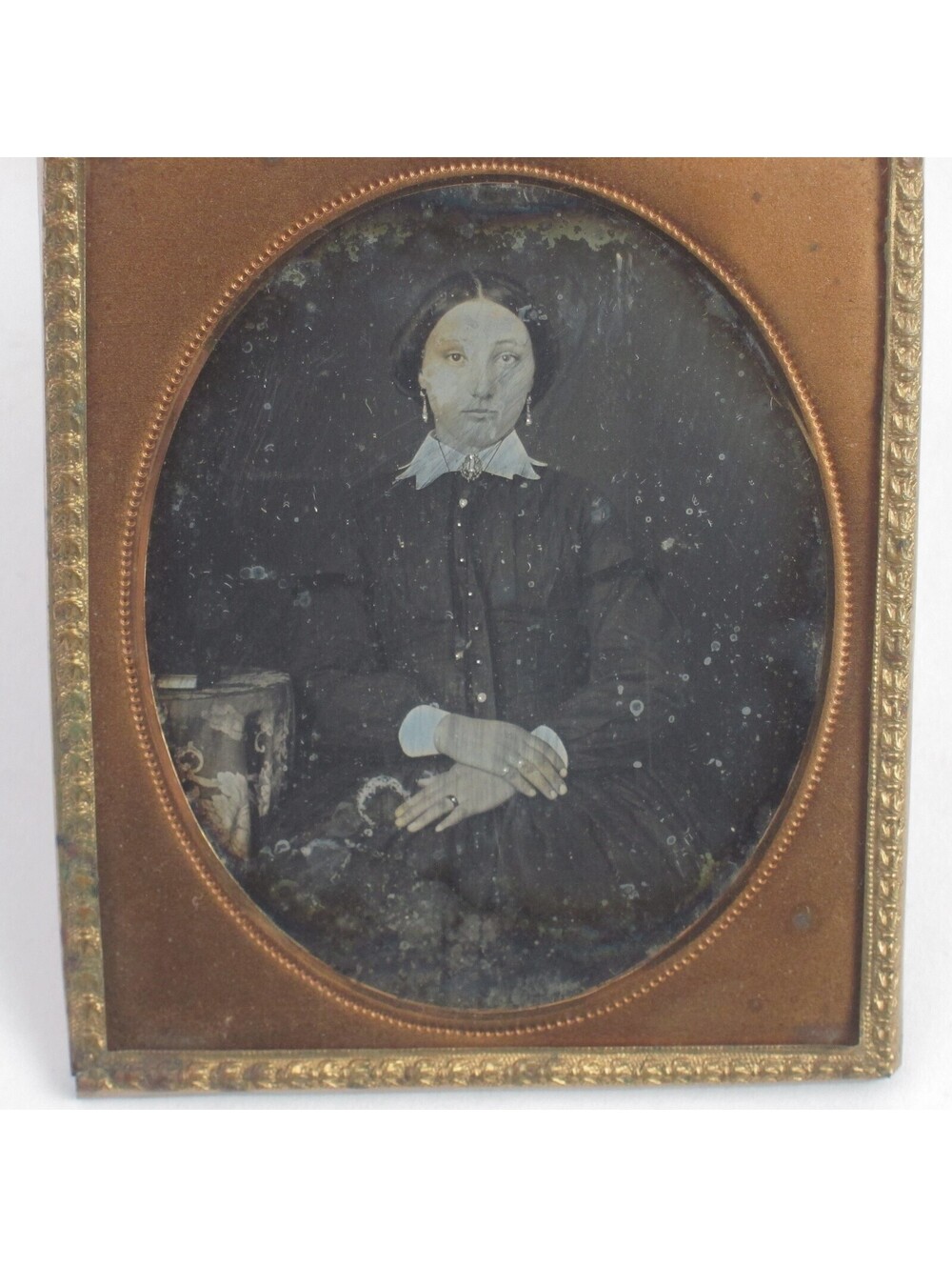Daguerreotype 1/6 Plate Young Woman Sitting Table at Side Dress 1840s Antique